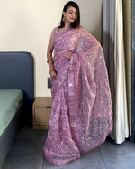 Fancy Work  Designer Purple Organza Saree