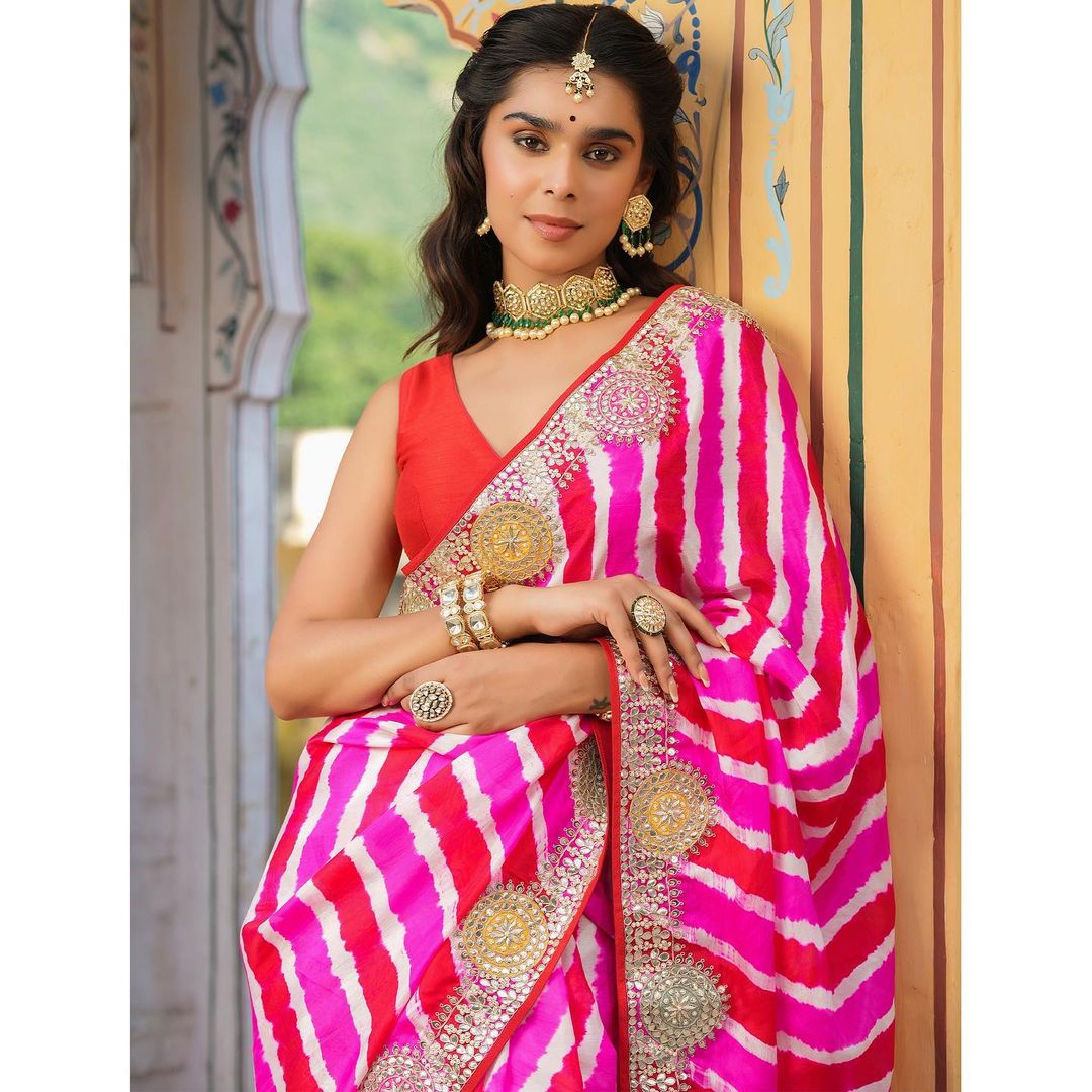 Designer Leheriya Pink Colour Silk Saree