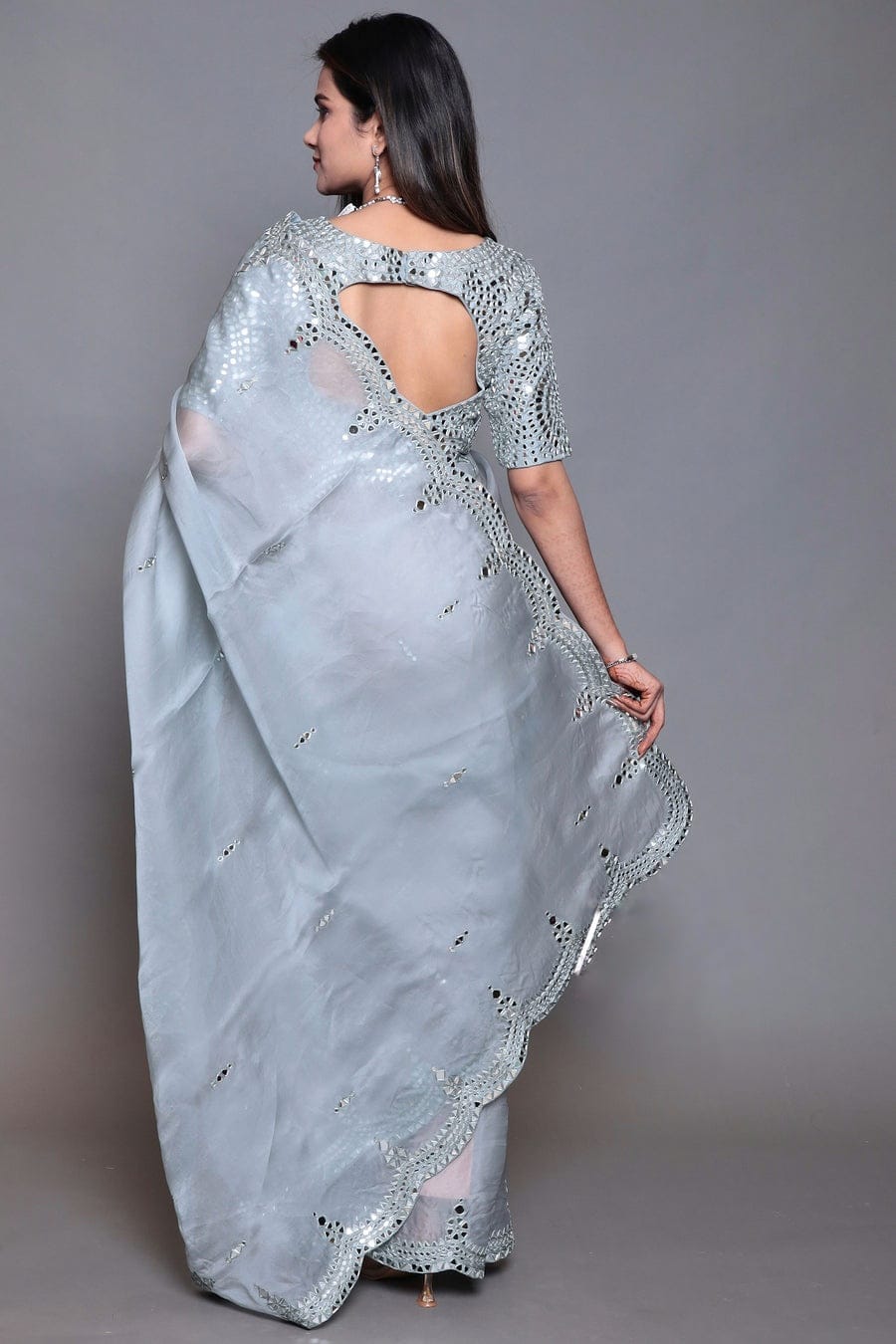 Designer Gray Work Organza Saree