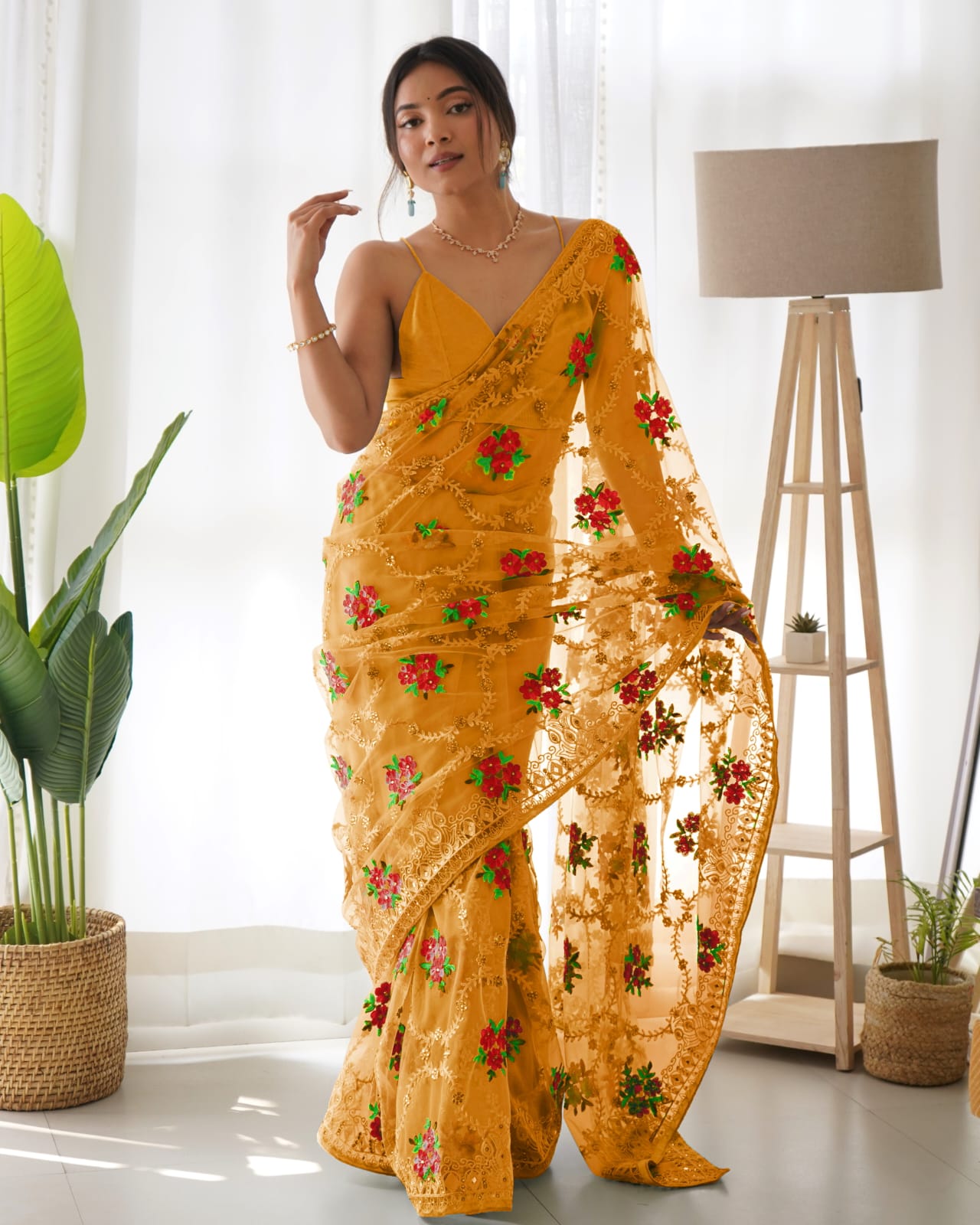 Party-Wear Mustard Yellow Colour Butterfly Net Saree