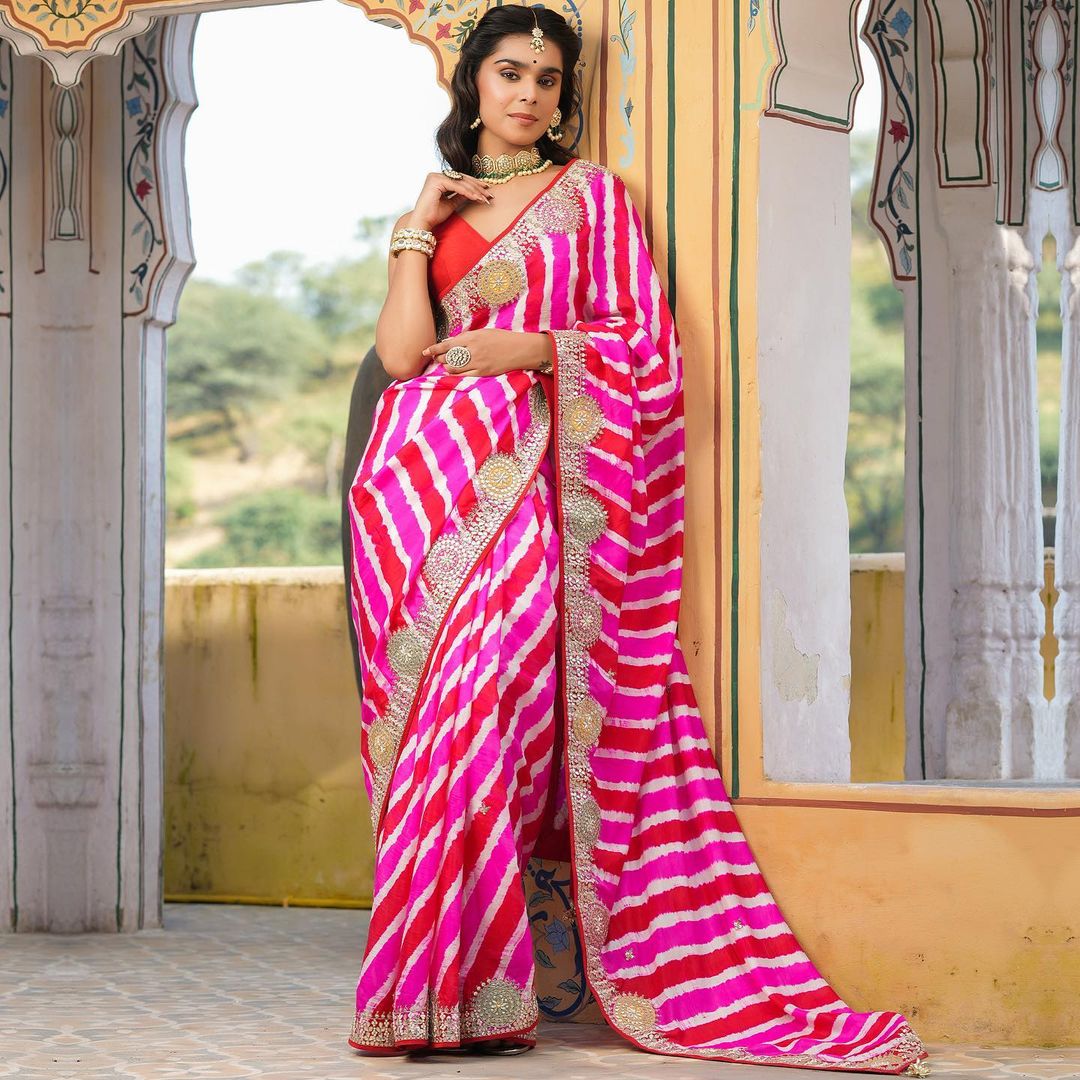 Designer Leheriya Pink Colour Silk Saree