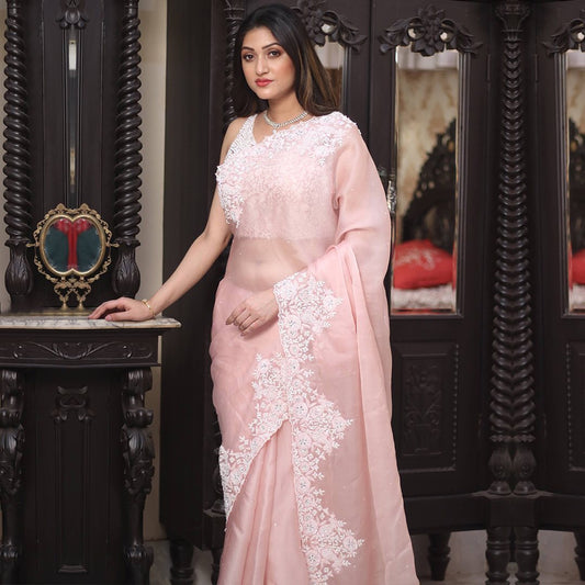 Designer Hand Work Peach Color Organza Saree