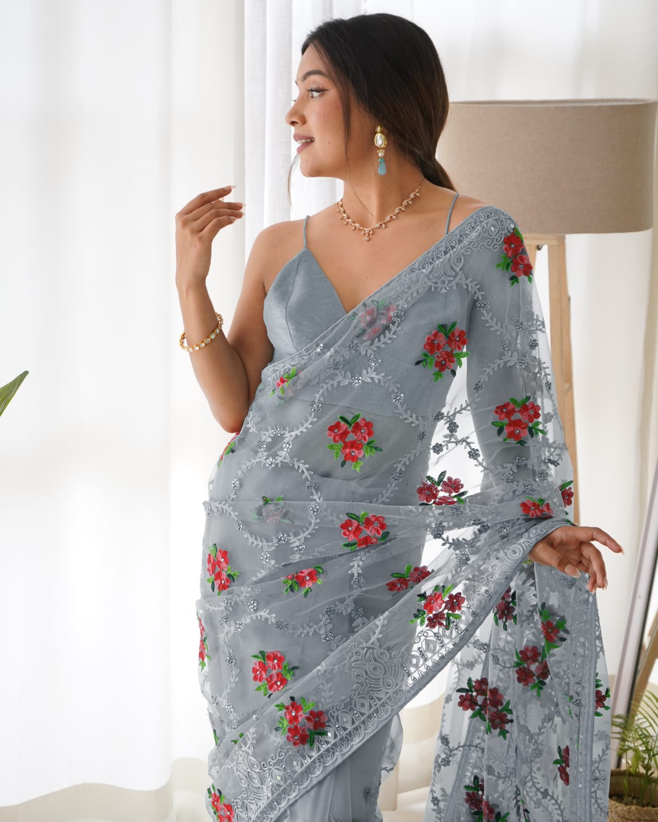 Party-Wear Light Gray Colour Butterfly Net Saree