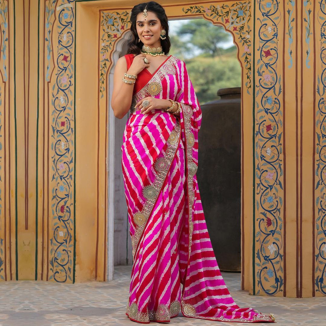 Designer Leheriya Pink Colour Silk Saree