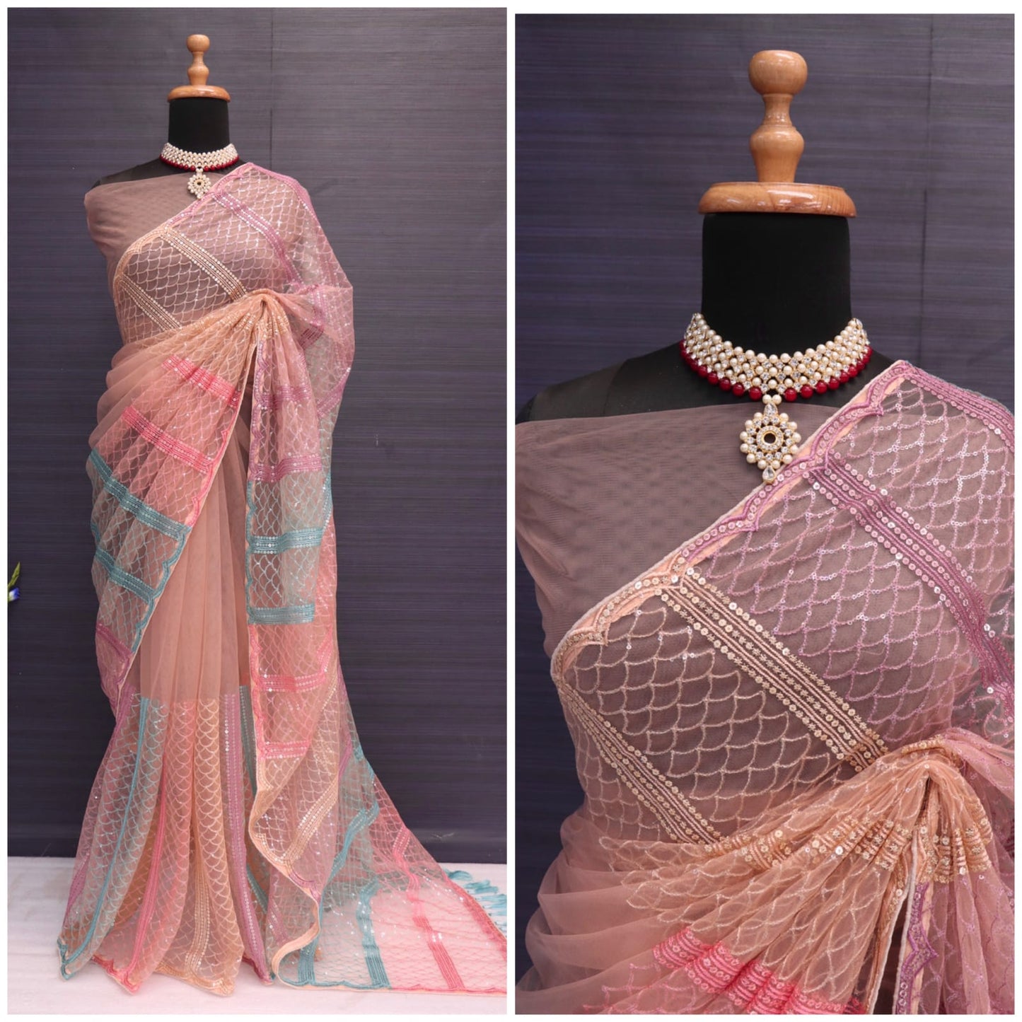 Fancy Work Butterfly Net Sky Colour Saree