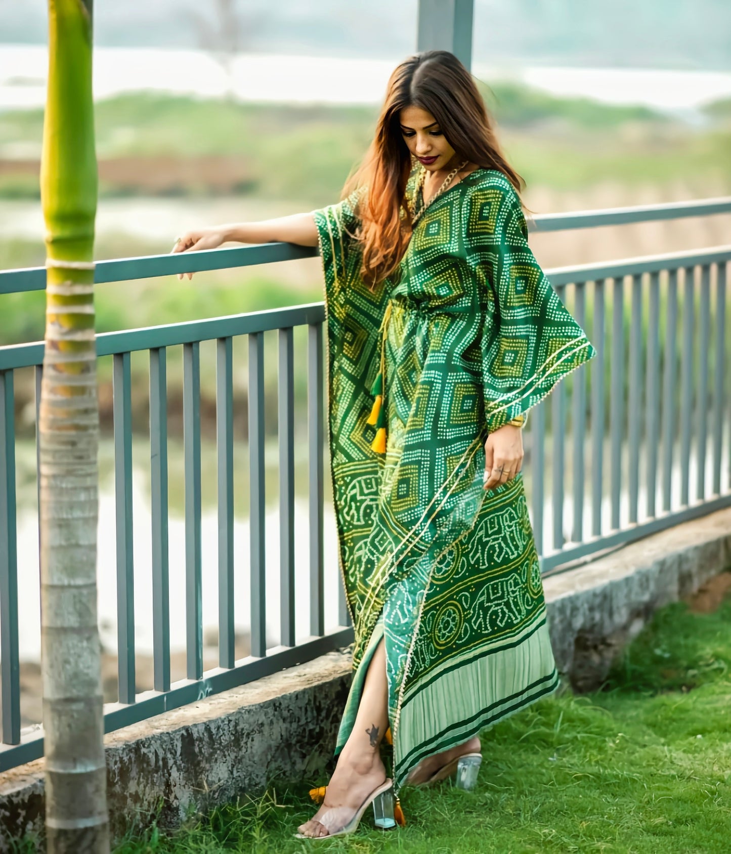 Bandhani Print Green Kaftan