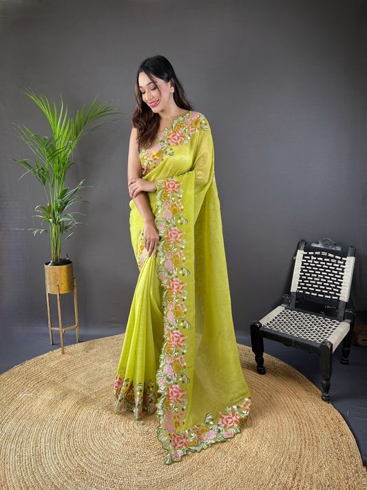 Beautiful Fancy Soft Glossy Silk Yellow Colour Saree