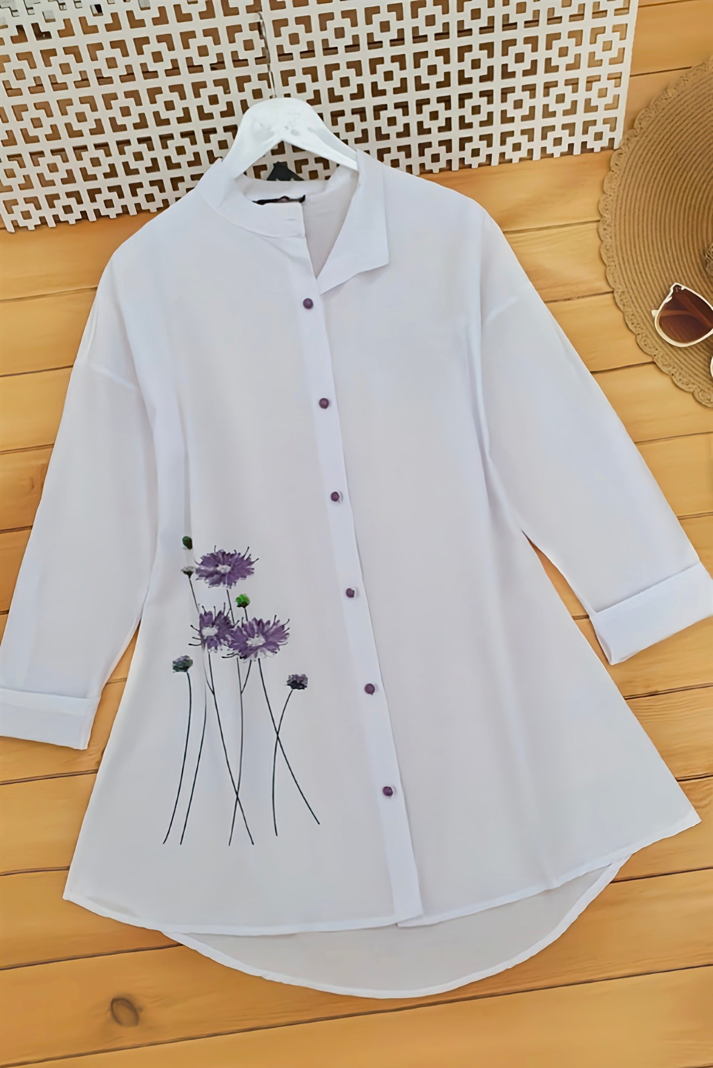 Stylish Blue Flower Printed White Tunic Shirt