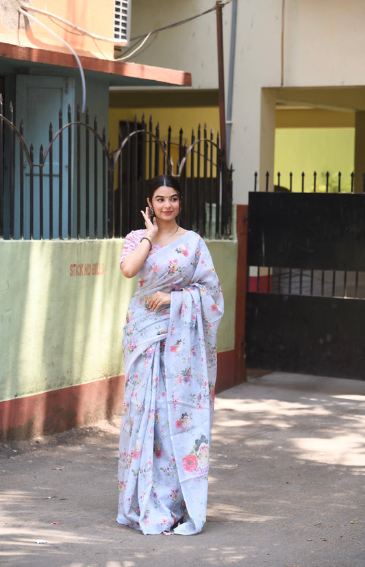 Onion Pink Blouse & Multicolour Heavy Linen Saree