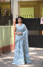 Trendy Handblock Printed Linen Saree