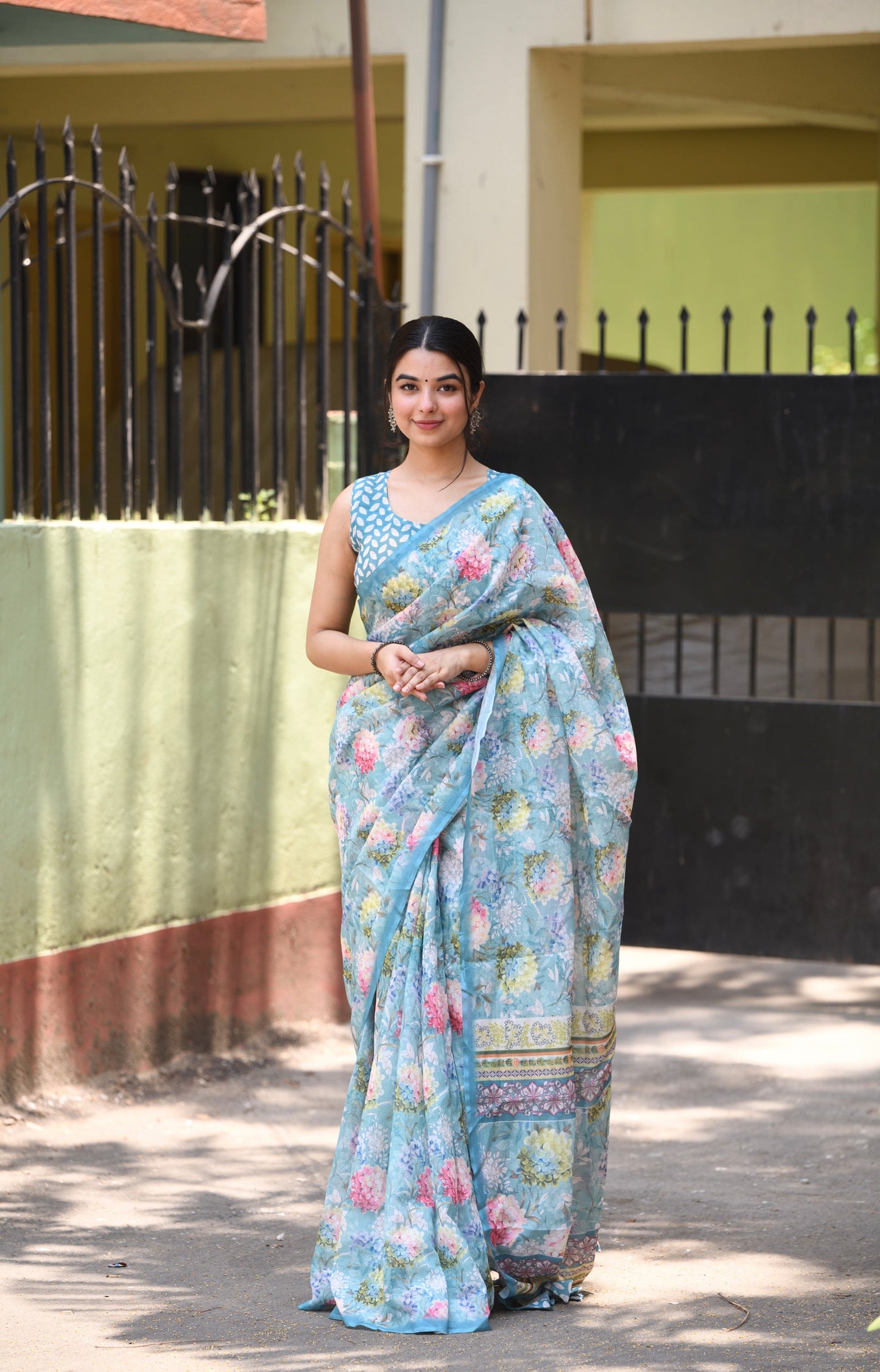 Light Sky Colour Printed Pure Silk Saree