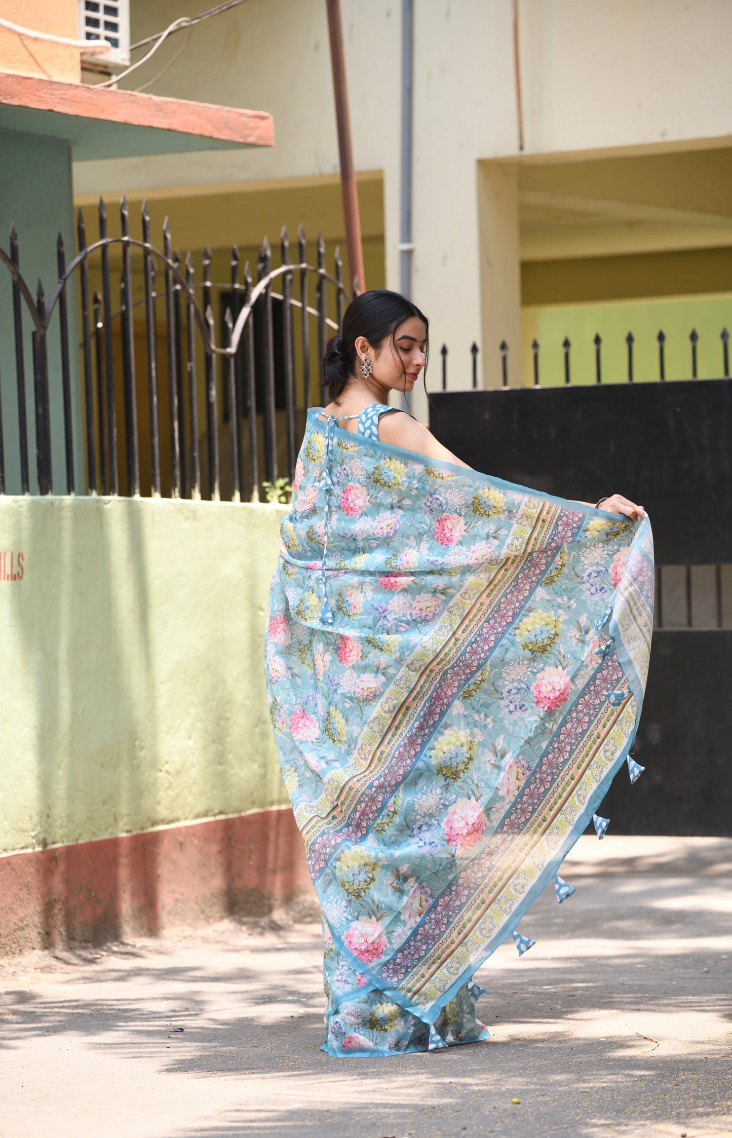 Light Sky Colour Printed Pure Silk Saree