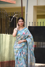 Light Sky Colour Printed Pure Silk Saree