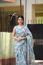 Light Sky Colour Printed Pure Silk Saree