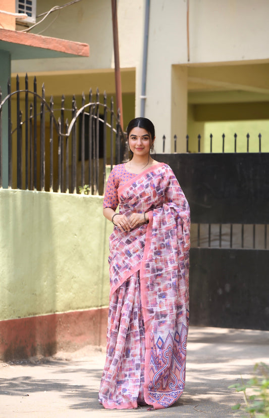 Pink & Multi Colour Heavy Linen Silk Saree