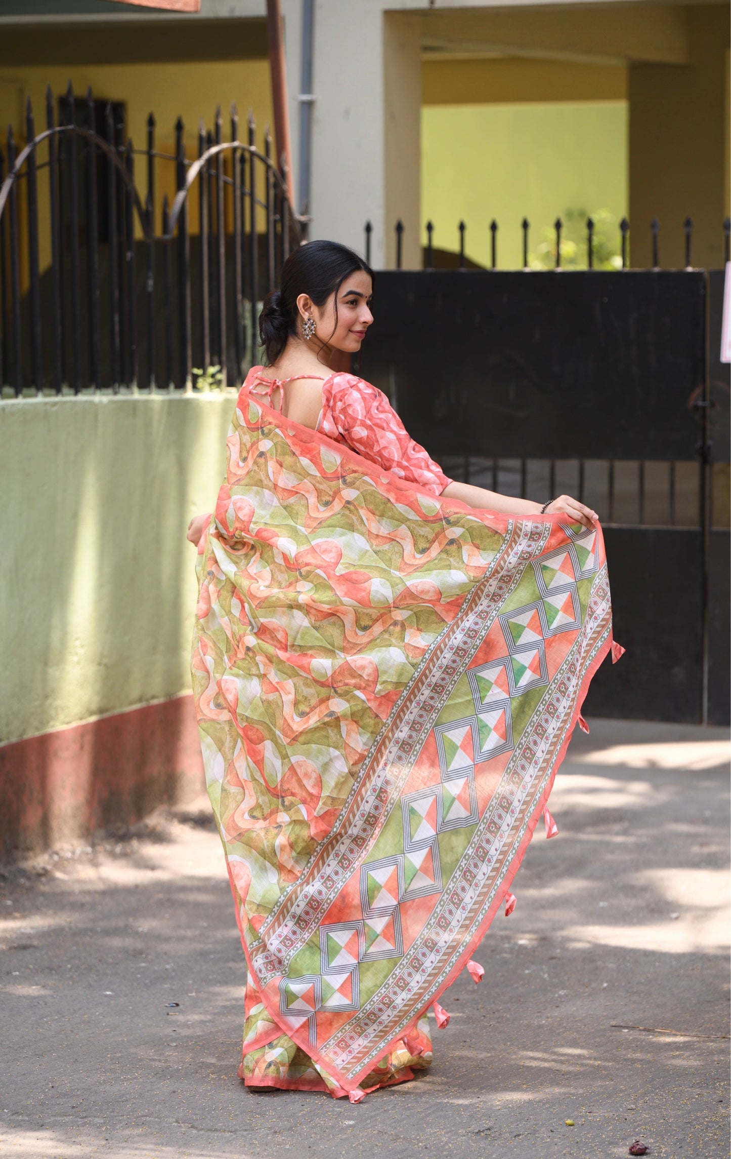 Sublime Pista Peach Colour Linen Saree