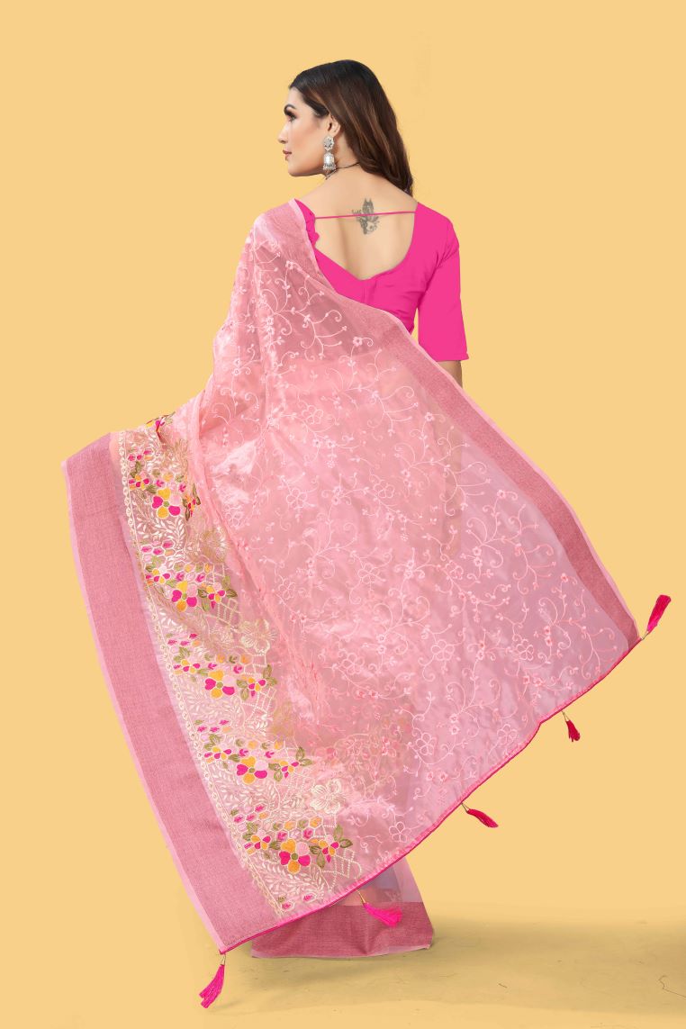 Beautiful Party-Wear Pink  Organza Silk Saree