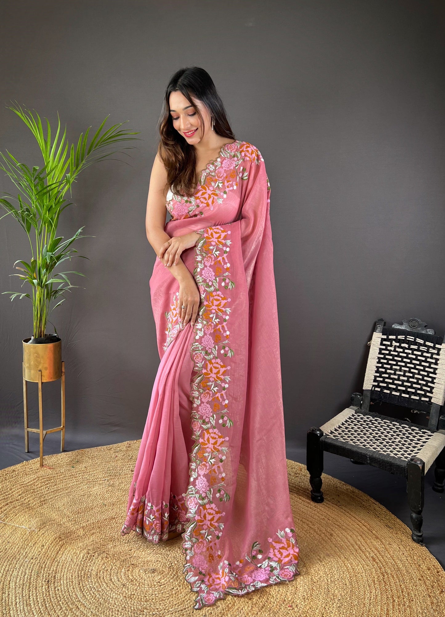 Beautiful Fancy Soft Glossy Silk Peach Colour Saree