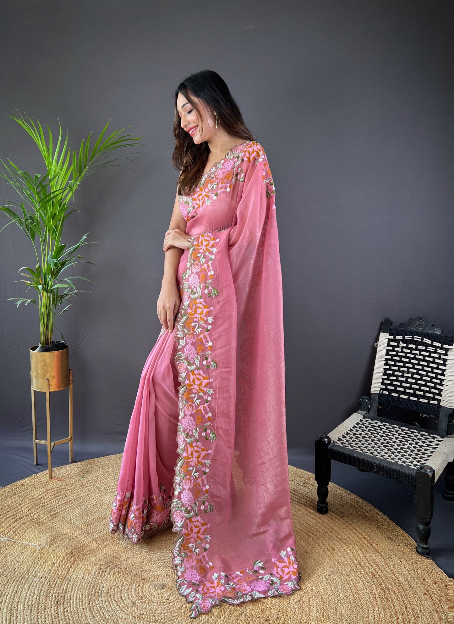 Beautiful Fancy Soft Glossy Silk Peach Colour Saree