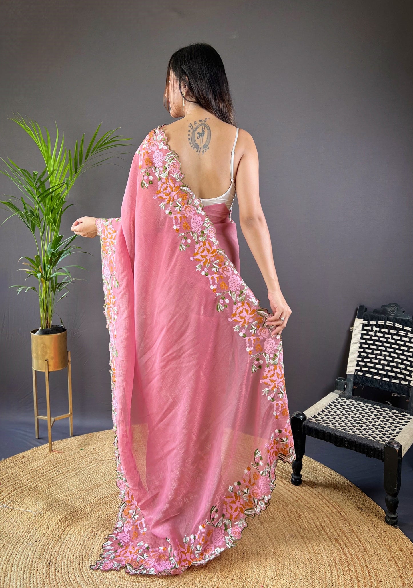 Beautiful Fancy Soft Glossy Silk Peach Colour Saree