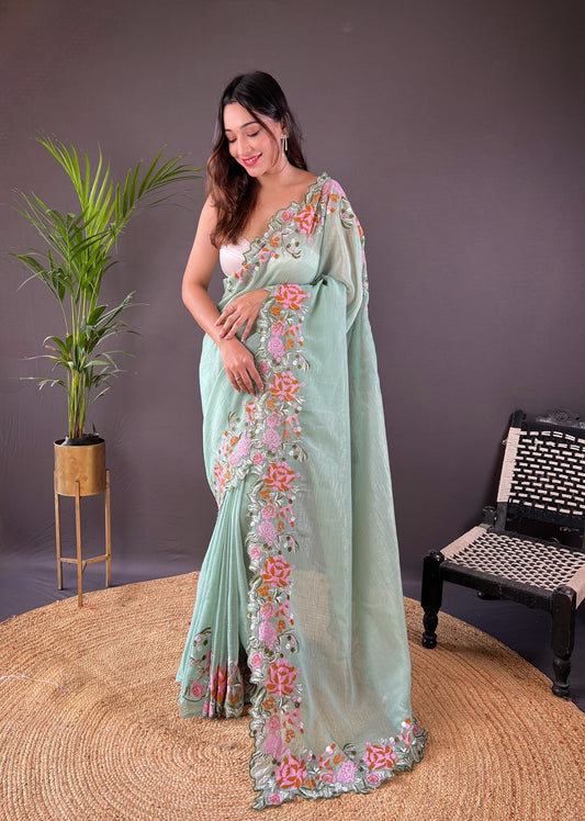 Beautiful Fancy Soft Glossy Silk Sky Colour Saree