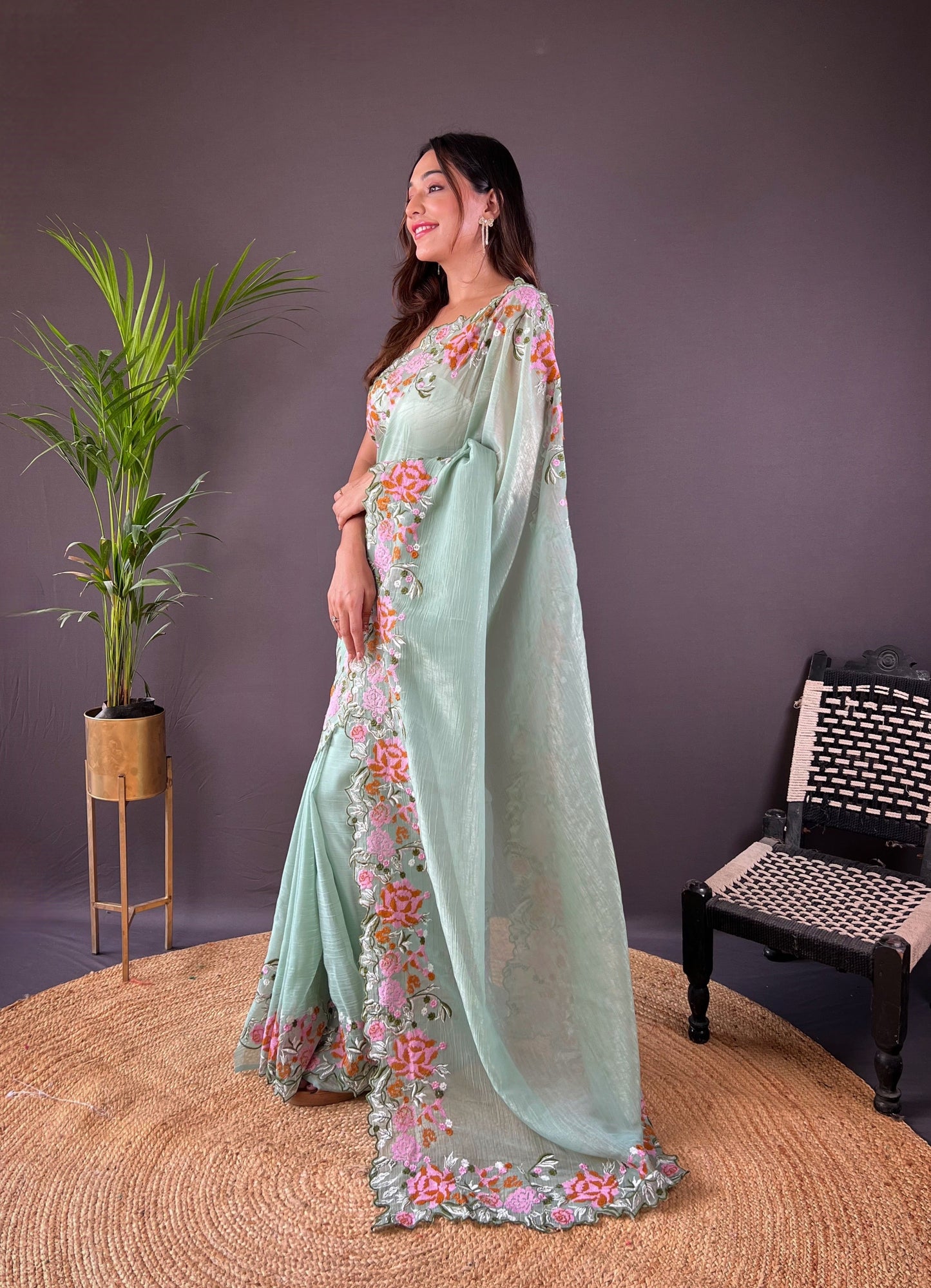 Beautiful Fancy Soft Glossy Silk Sky Colour Saree