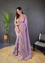 Beautiful Fancy Soft Glossy Silk Lavender Colour Saree