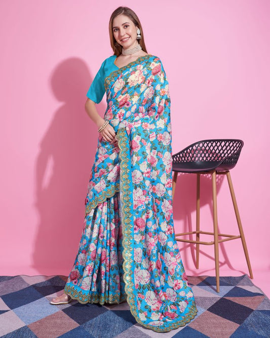 Designer Sky Colour Gota-Patti Silk Saree