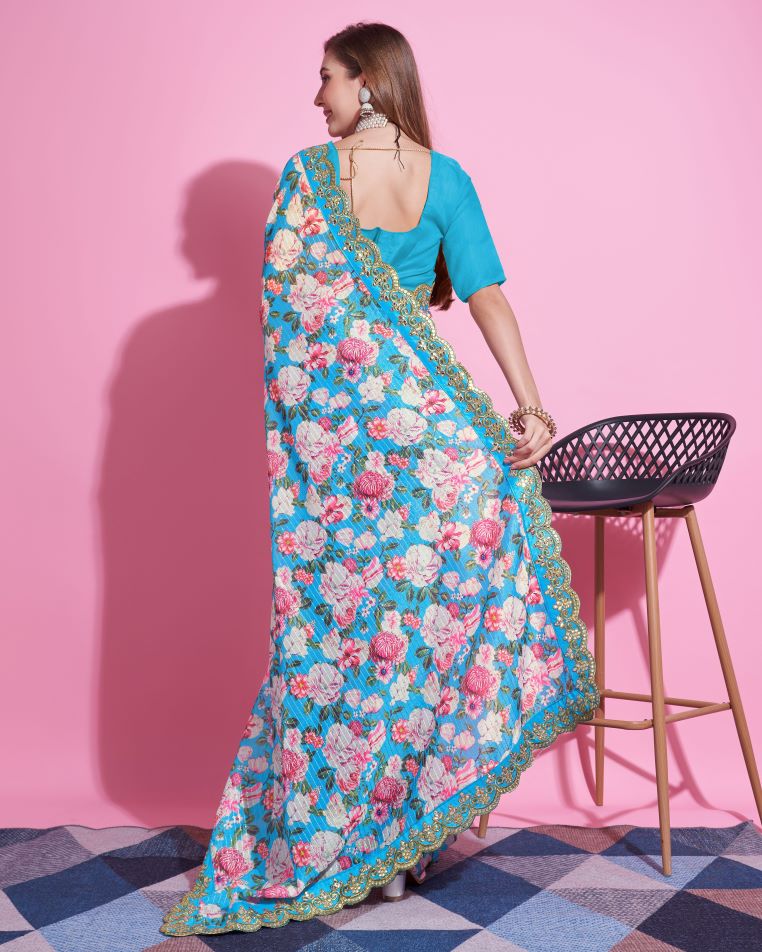 Designer Sky Colour Gota-Patti Silk Saree