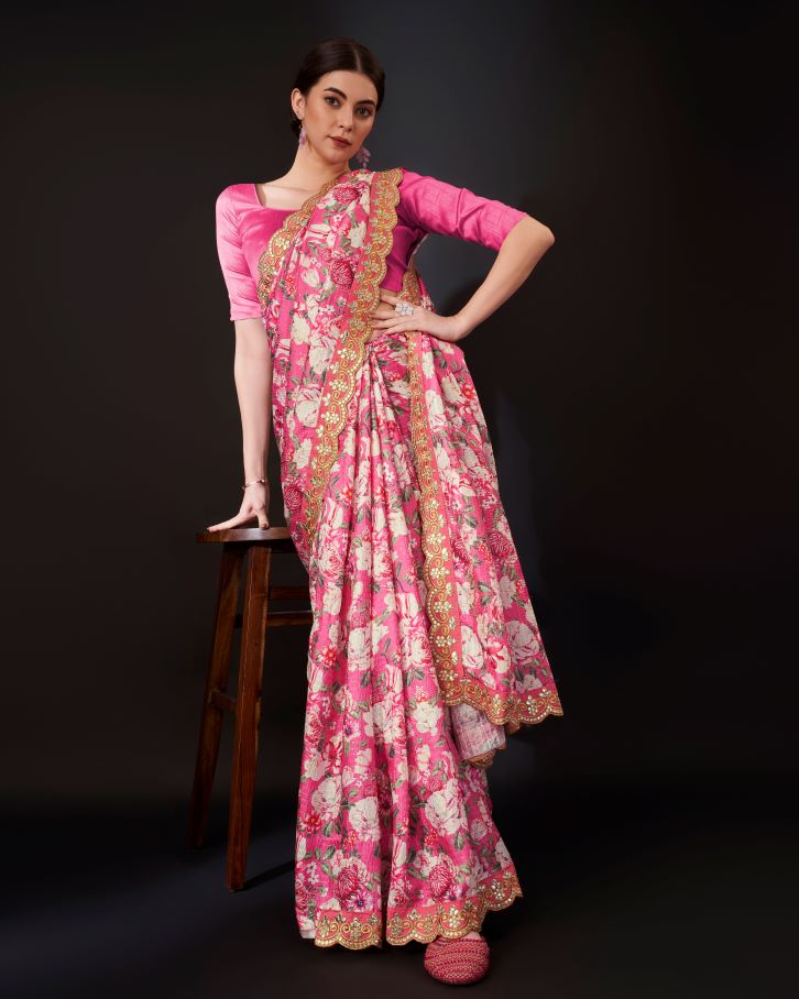 Designer Pink Colour Gota-Patti Silk Saree