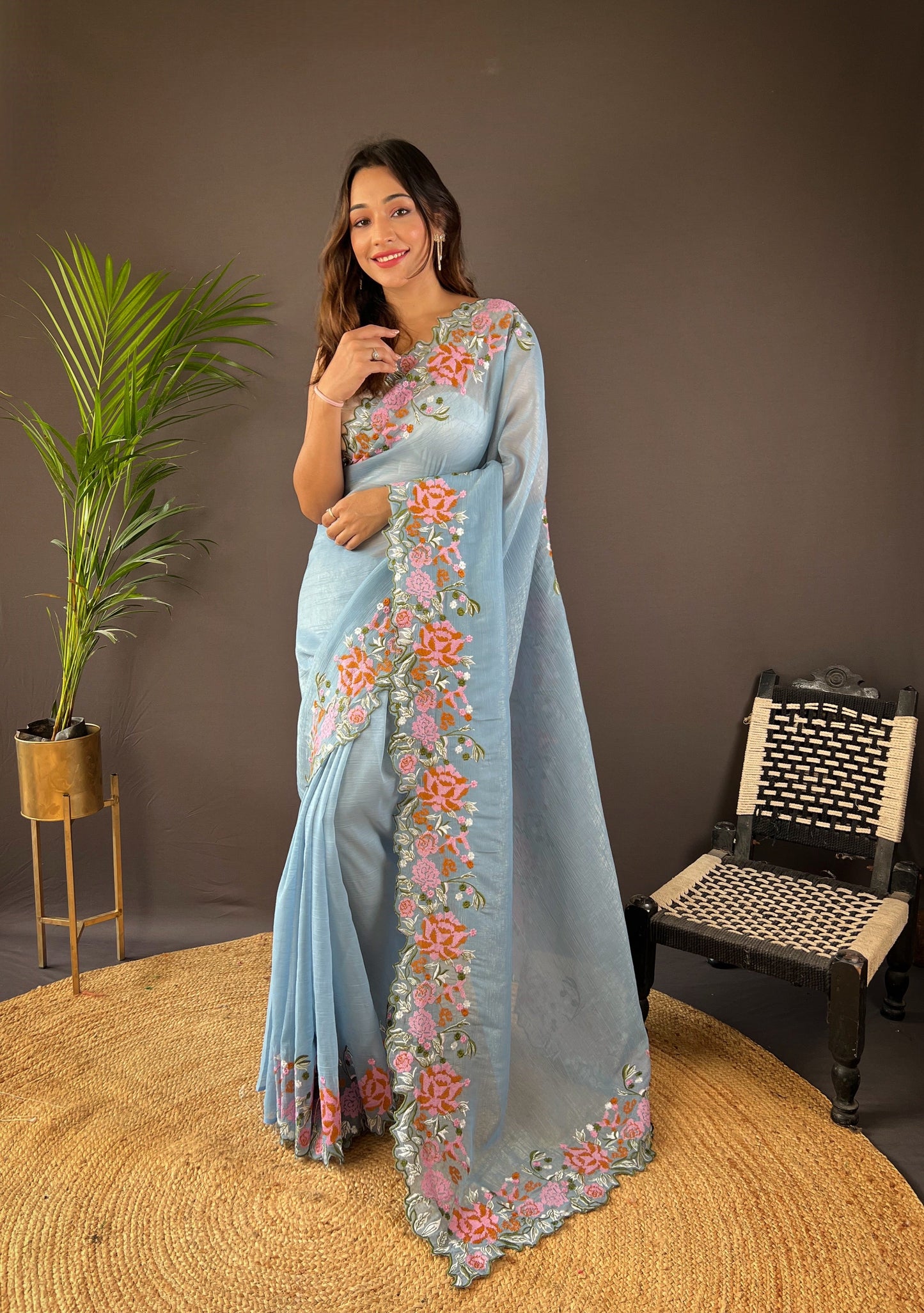 Beautiful Fancy Soft Glossy Silk Gray Colour Saree