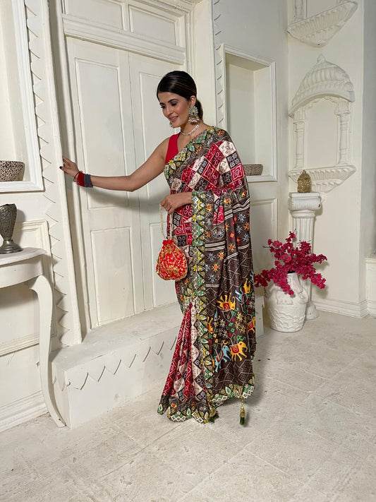 Designer Green & Red Patola Silk Saree