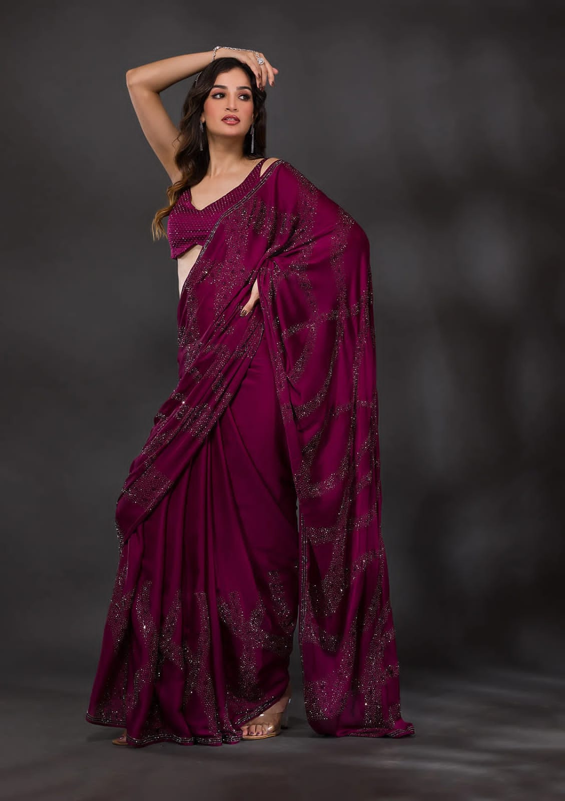 New Designer Border Wine Crape Saree