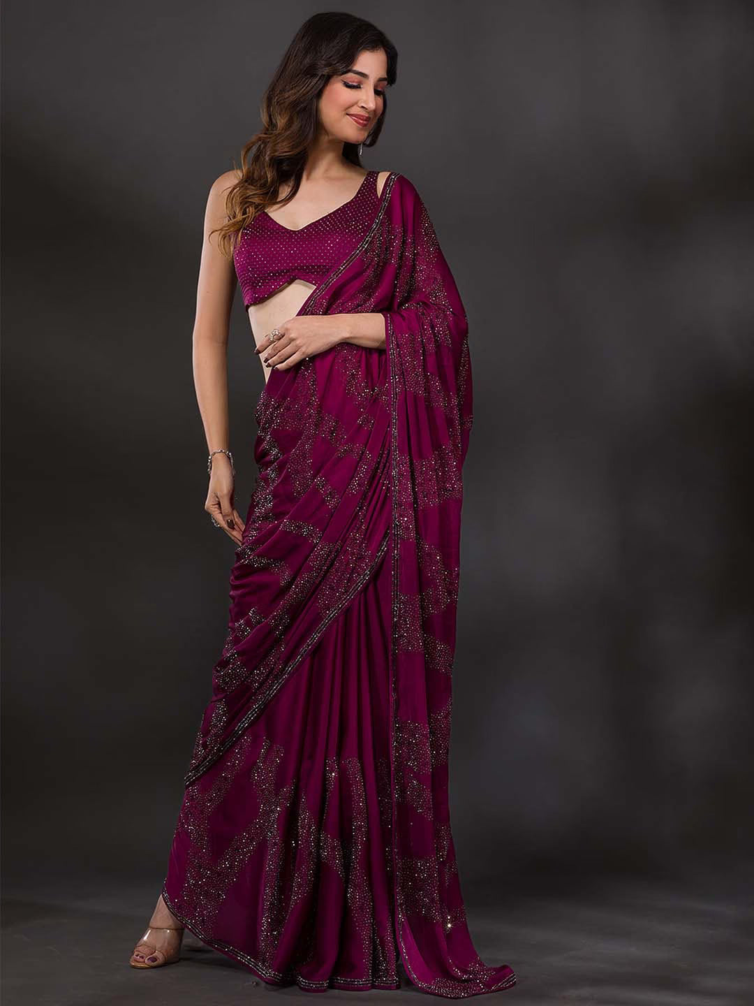 New Designer Border Wine Crape Saree