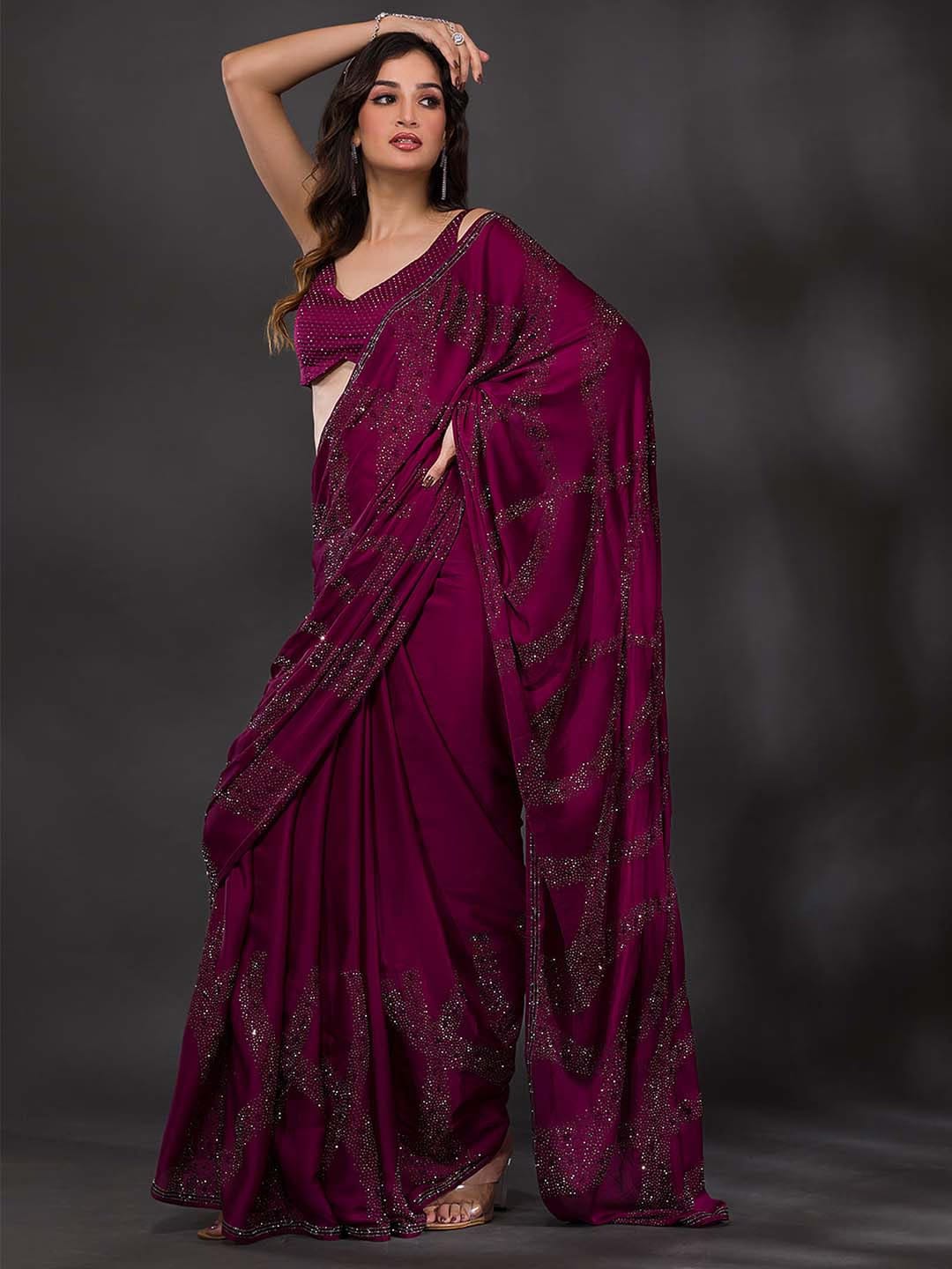 New Designer Border Wine Crape Saree