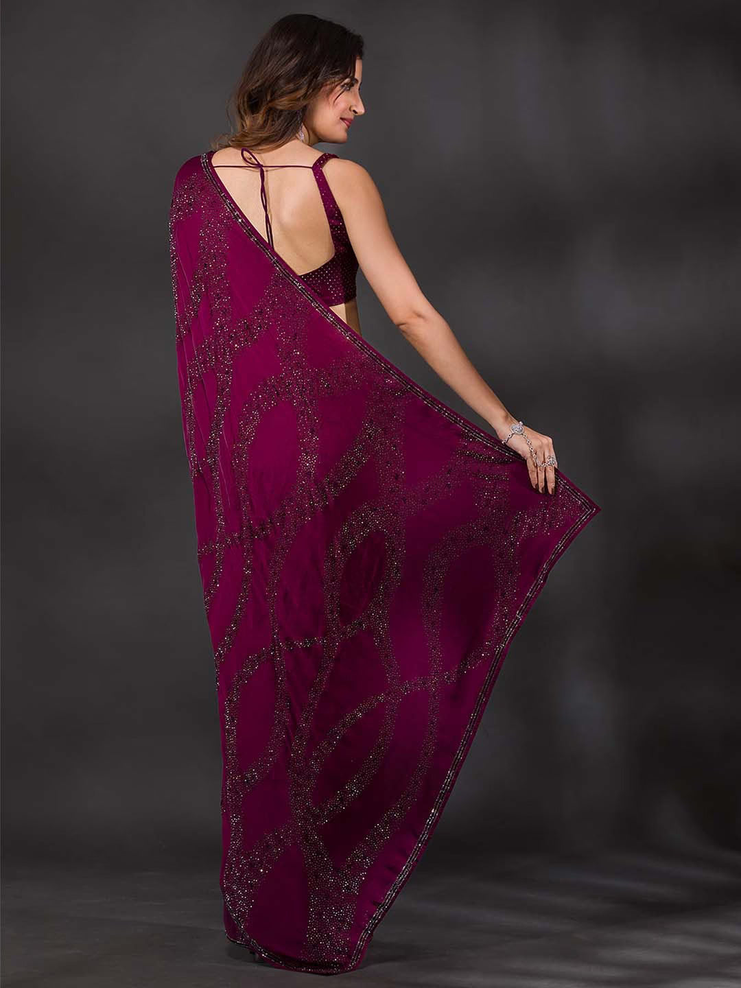 New Designer Border Wine Crape Saree