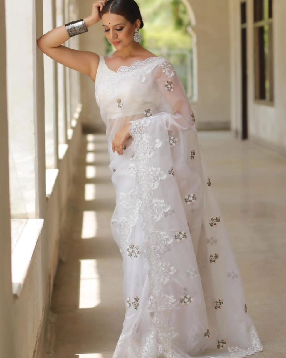 Designer Border White Organza Silk Saree