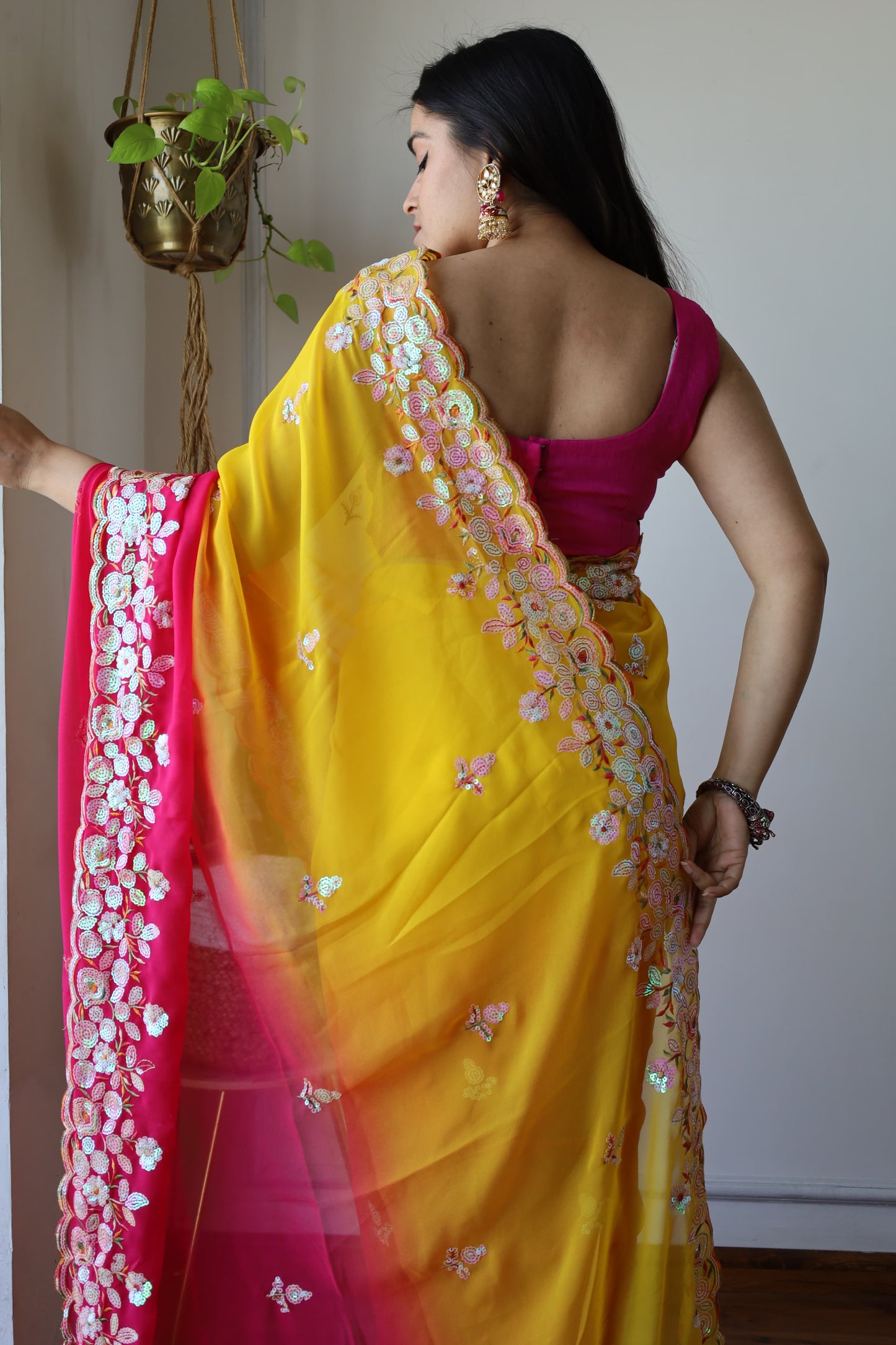 Designer Pink With Yellow Shade Silk Saree