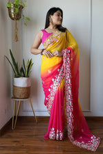 Designer Pink With Yellow Shade Silk Saree