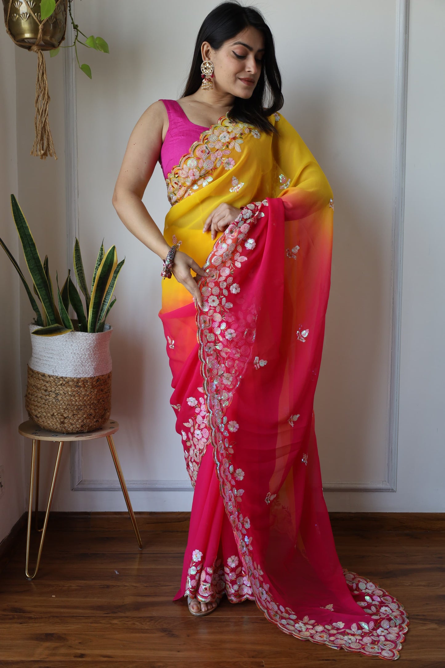 Designer Pink With Yellow Shade Silk Saree