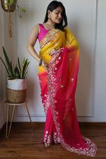 Designer Pink With Yellow Shade Silk Saree