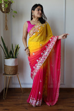 Designer Pink With Yellow Shade Silk Saree