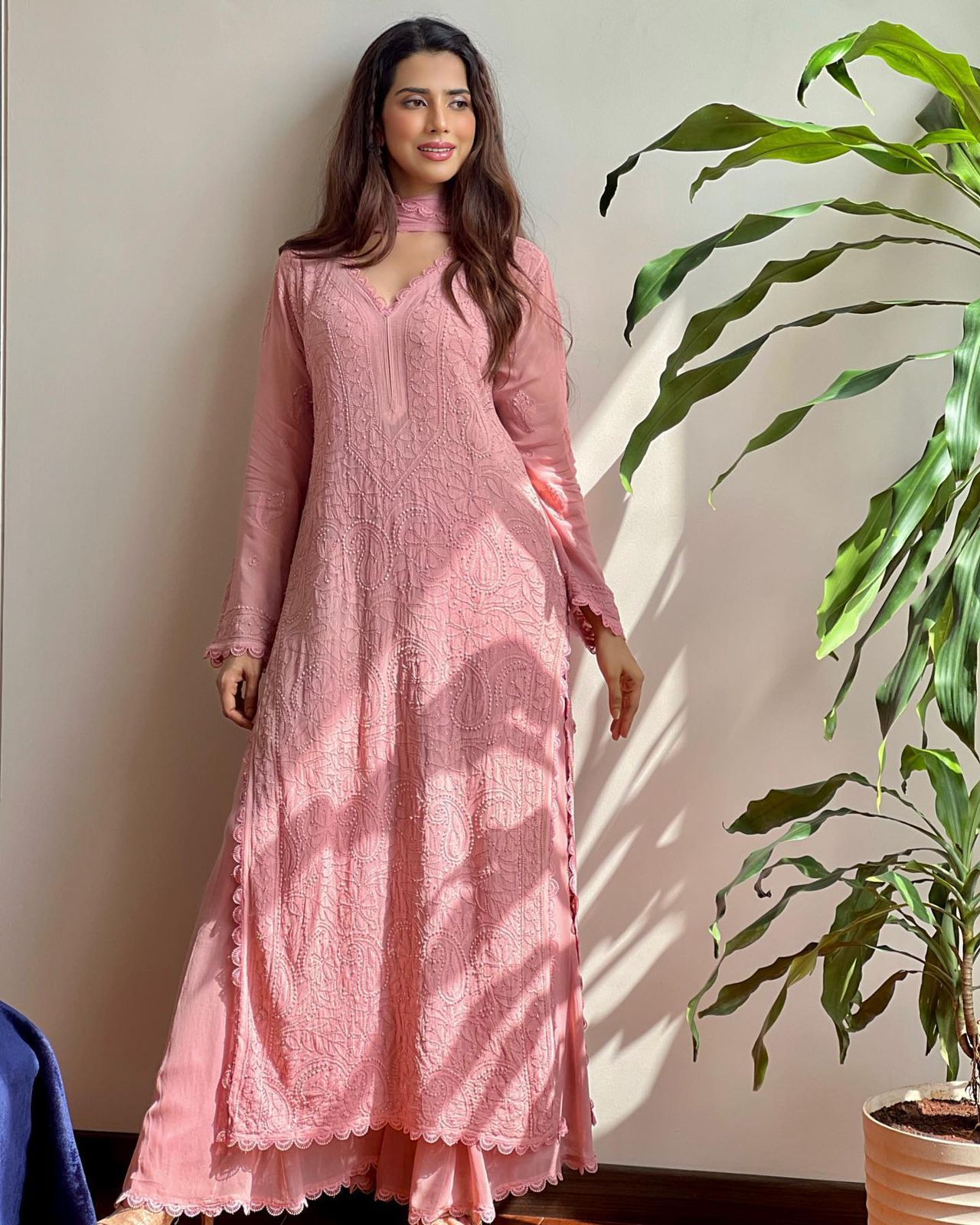 Lucknowi Work Kurta With Palazzo And Dupatta