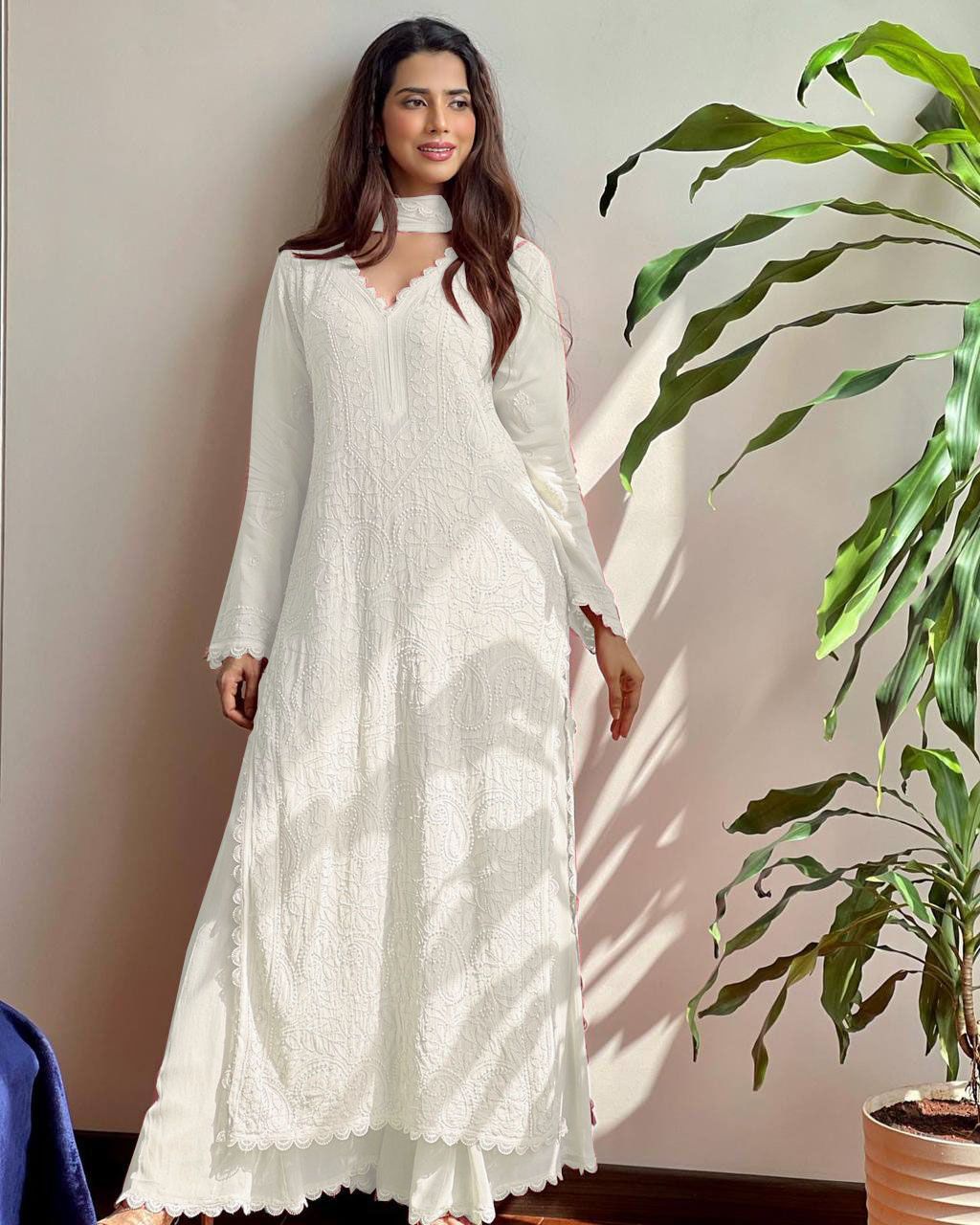 Lucknowi Work Kurta With Palazzo And Dupatta