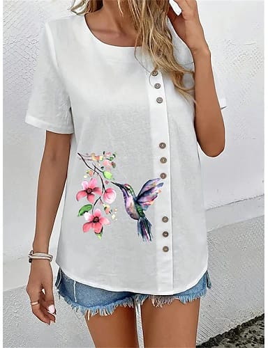 Trendy Floral Casual Birds With Flower Button Print Shirt