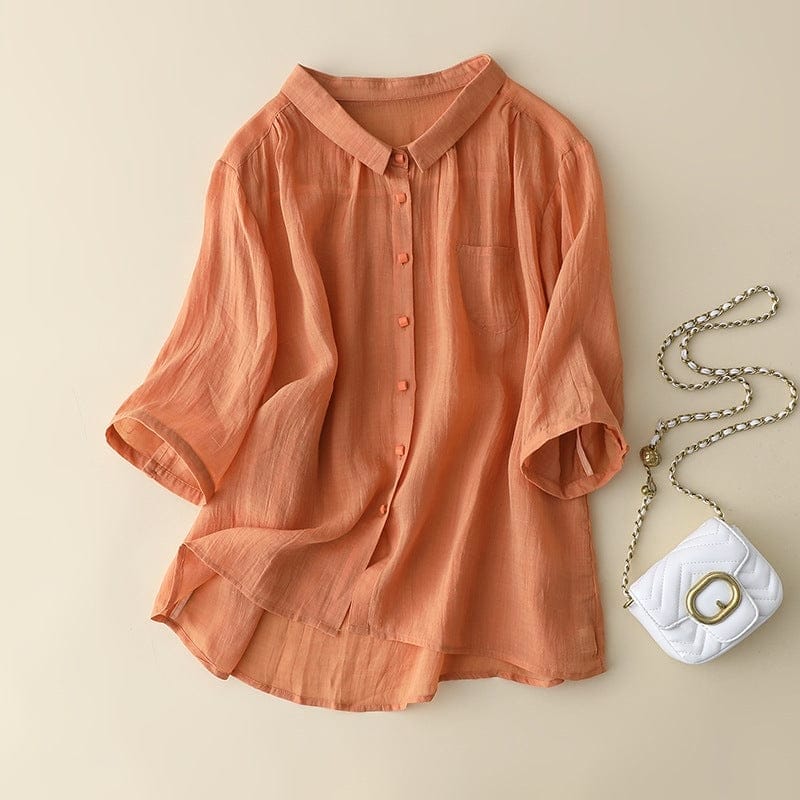 Fancy Button Modern Solid Orange Linen-blend  Shirt