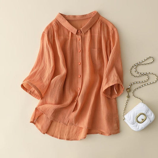 Fancy Button Modern Solid Orange Linen-blend  Shirt