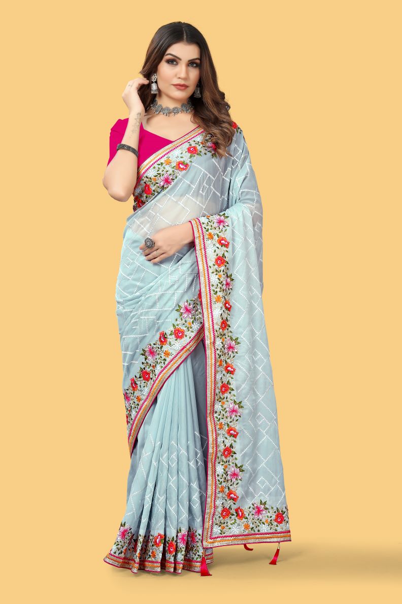 Designer Gray With Pink Blouse Colour Organza Silk Saree