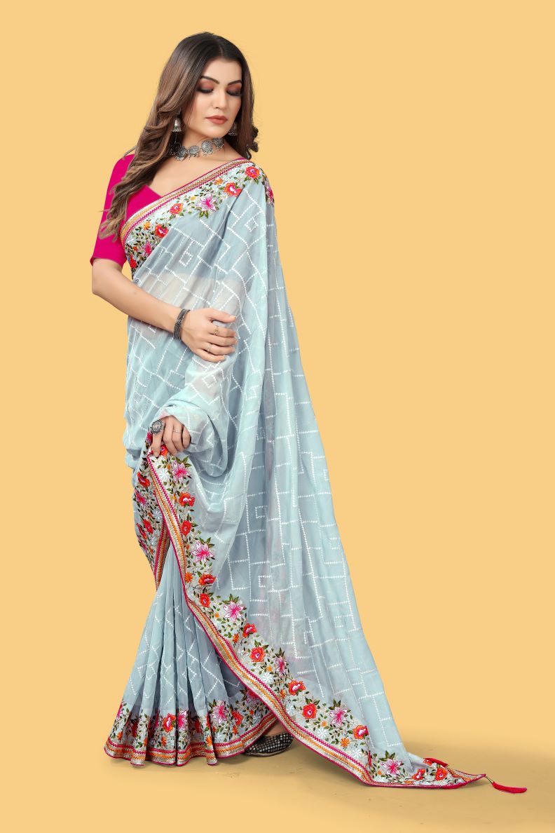 Designer Gray With Pink Blouse Colour Organza Silk Saree