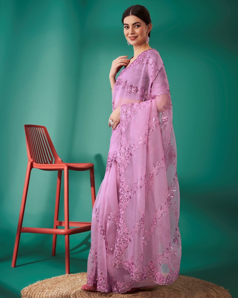 Designer Light Purple Organza Silk Saree